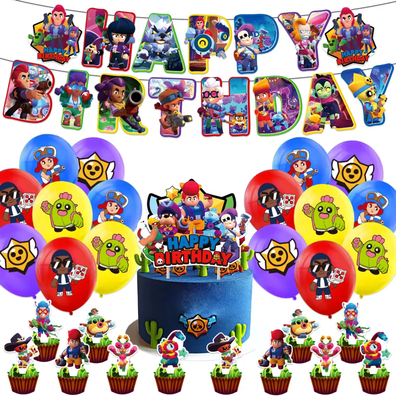 Ballons de combat, Bannière Joyeux Anniversaire, Décoration de fête sur le thème de la bataille, Décor de fond, Décoration de gâteau, Vaisselle jetable, Porte-clés