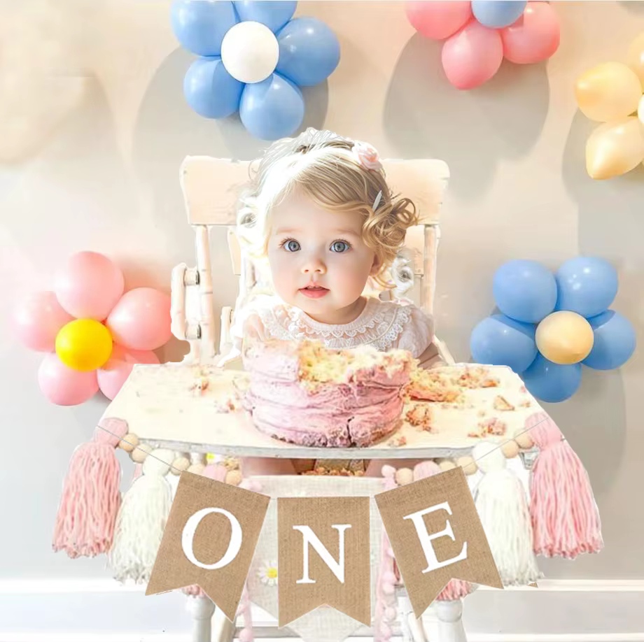 Bannière de chaise de premier anniversaire pour bébé, une guirlande en toile de jute, pour garçon et fille d'un an, décoration de fête d'anniversaire, fournitures d'accessoires Photo
