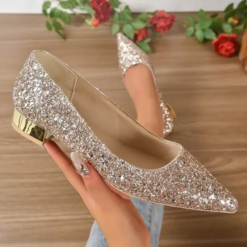 Chaussures plates pour femmes 2025 talon bas bouche peu profonde paillettes printemps et automne