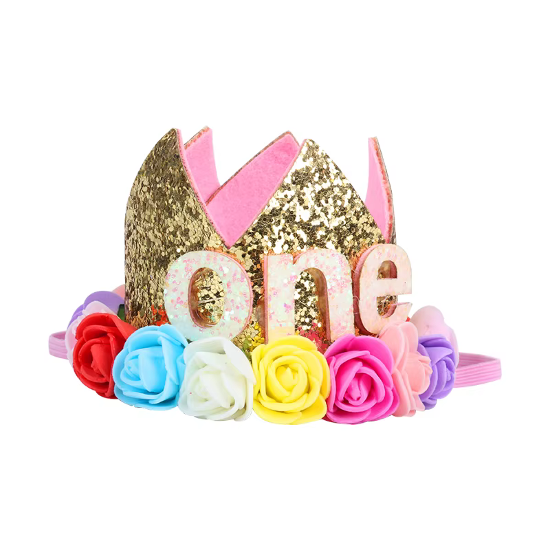 Décoration d'anniversaire pour bébé fille de 1, 2 ou 3 ans, chapeau couronne, fleur rose et blanche, paillettes, accessoire Photo pour 1er anniversaire, cadeaux joyeux anniversaire