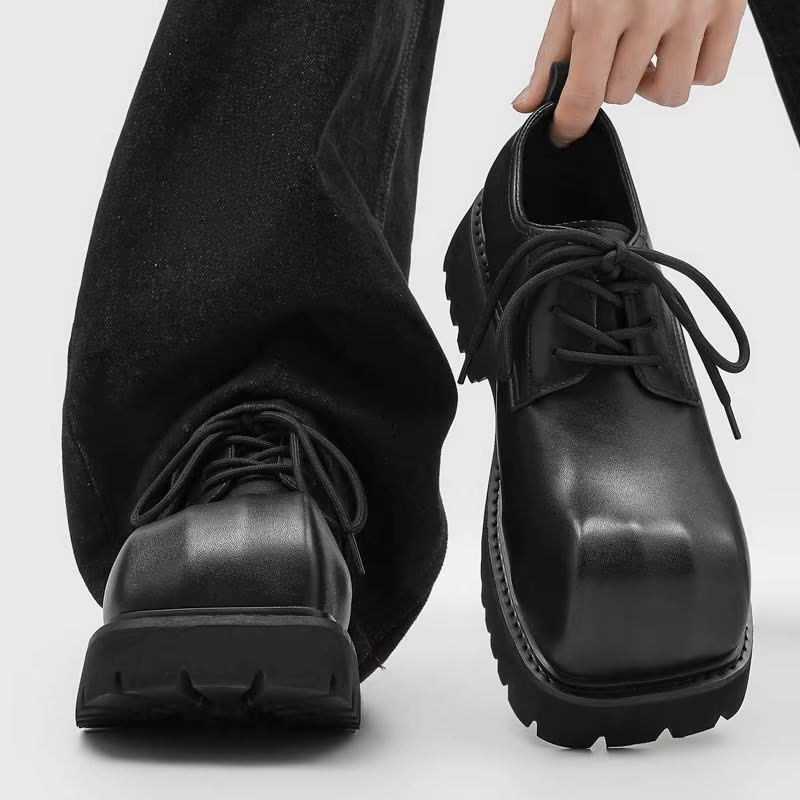 Nouvelles Chaussures Derby à Bout Rond Paris 2026, Plateforme Épaisse, Décontractées, Noires Brillantes, Polyvalentes, Talon Moyen, Doublure en Cuir, Chaussures pour Hommes