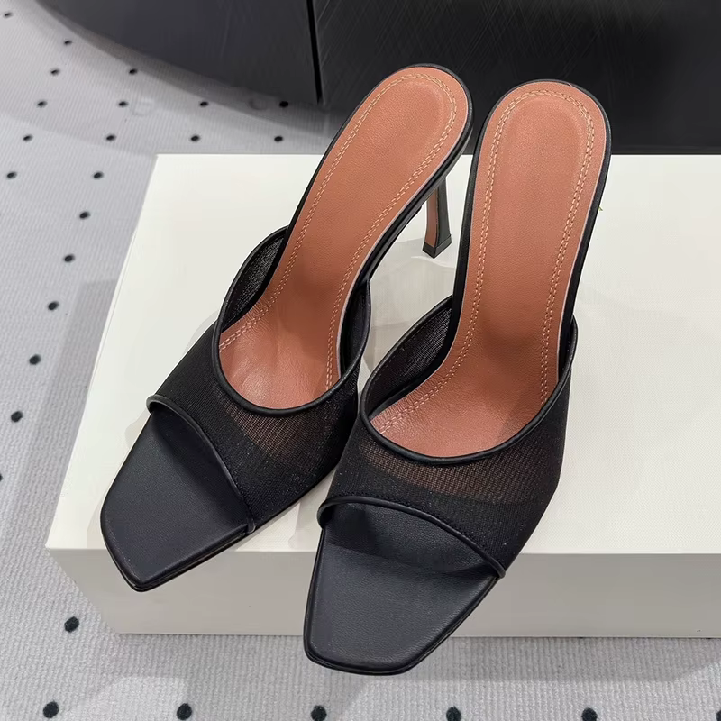 2025 nouveaux talons hauts pantoufles femmes maille dentelle carré Peep orteil
