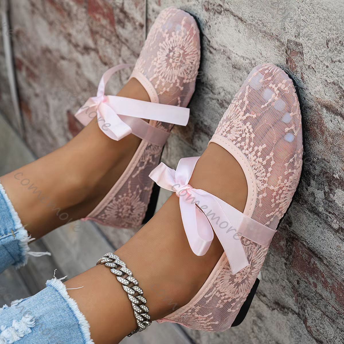 Comemore nouveau rose dentelle fleur appartements printemps été décontracté semelle souple bout carré à lacets doux Ballet maille respirant unique chaussures