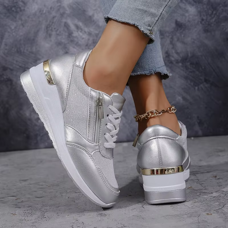 Mode fond épais argent baskets femmes 2025 printemps talon compensé chaussures vulcanisées femme confortable à lacets Sport Sneaker Mujer