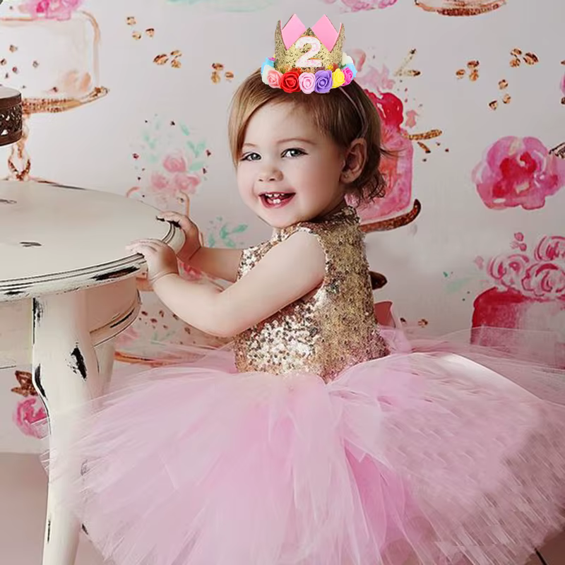 Décoration d'anniversaire pour bébé fille de 1, 2 ou 3 ans, chapeau couronne, fleur rose et blanche, paillettes, accessoire Photo pour 1er anniversaire, cadeaux joyeux anniversaire
