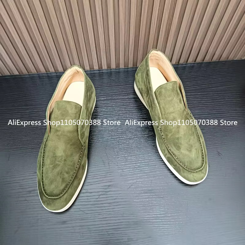 Vert militaire unisexe tout en cuir véritable hommes chaussures décontractées à fond plat marche en peau de mouton daim