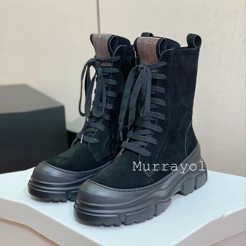 Enfant daim bande élastique Patchwork cheville Botas femmes bout rond Lacer-up plat fond épais bottes courtes automne