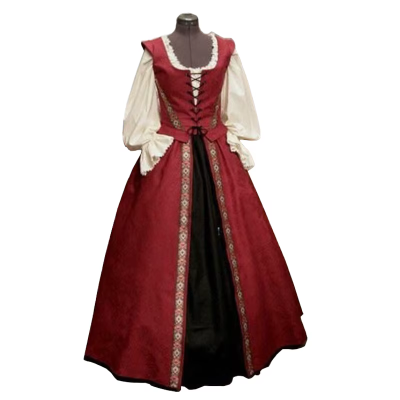 Ensemble robe deux pièces pour femme, style Renaissance médiévale, col carré, taille cintrée et jupe ample, robe vintage