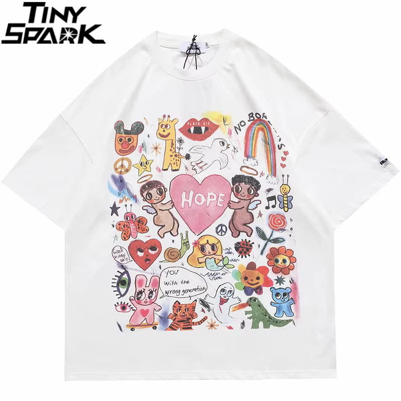 T-Shirt manches courtes en coton pour homme, surdimensionné, Hip Hop, Streetwear, peinture de lettres, cœur, arc-en-ciel, anges imprimés, Harajuku