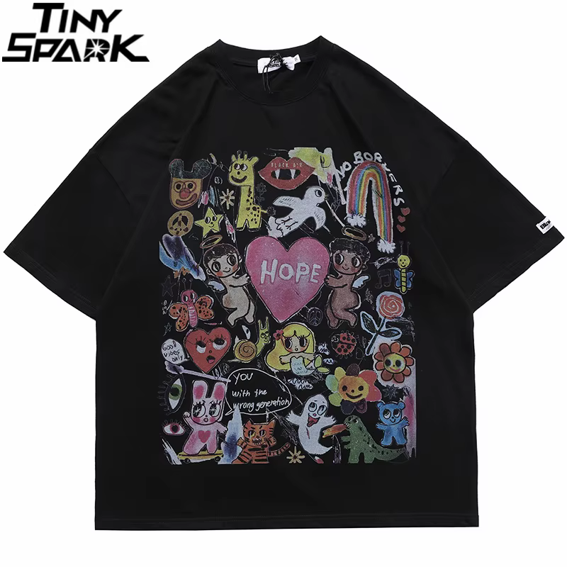 T-Shirt manches courtes en coton pour homme, surdimensionné, Hip Hop, Streetwear, peinture de lettres, cœur, arc-en-ciel, anges imprimés, Harajuku