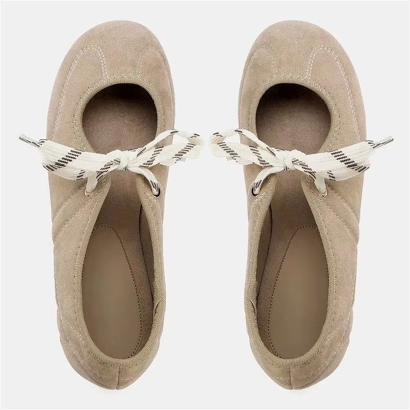 Mode bout rond ballerines femmes à lacets Faux daim peu profond concis semelle souple Mary Jane chaussures