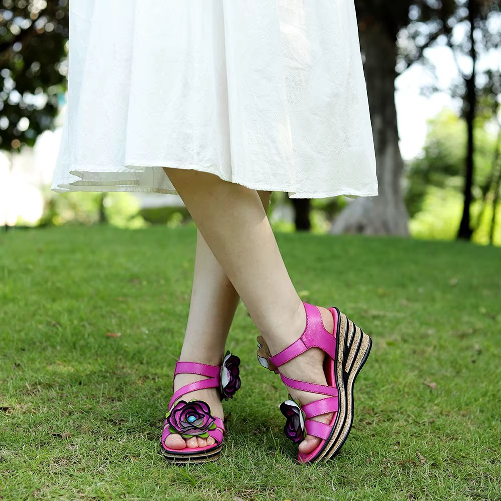 Sandales à talons compensés confortables en cuir véritable pour femmes