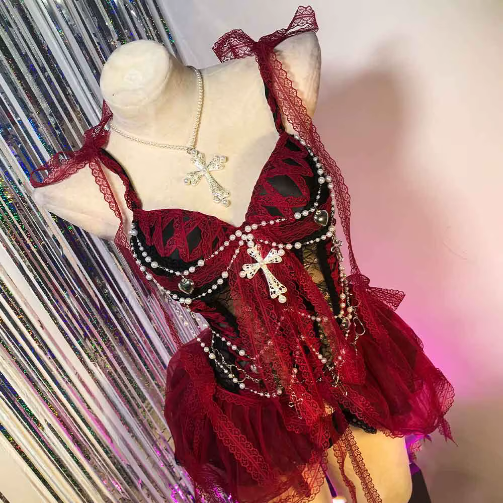 Robe Gothique Rouge pour Femme Y2K Rave Cyber Punk Rock Star Goth Croix Dentelle Scène Emo ALT Grunge E-Girls Lolita Robe de Bal Vêtement