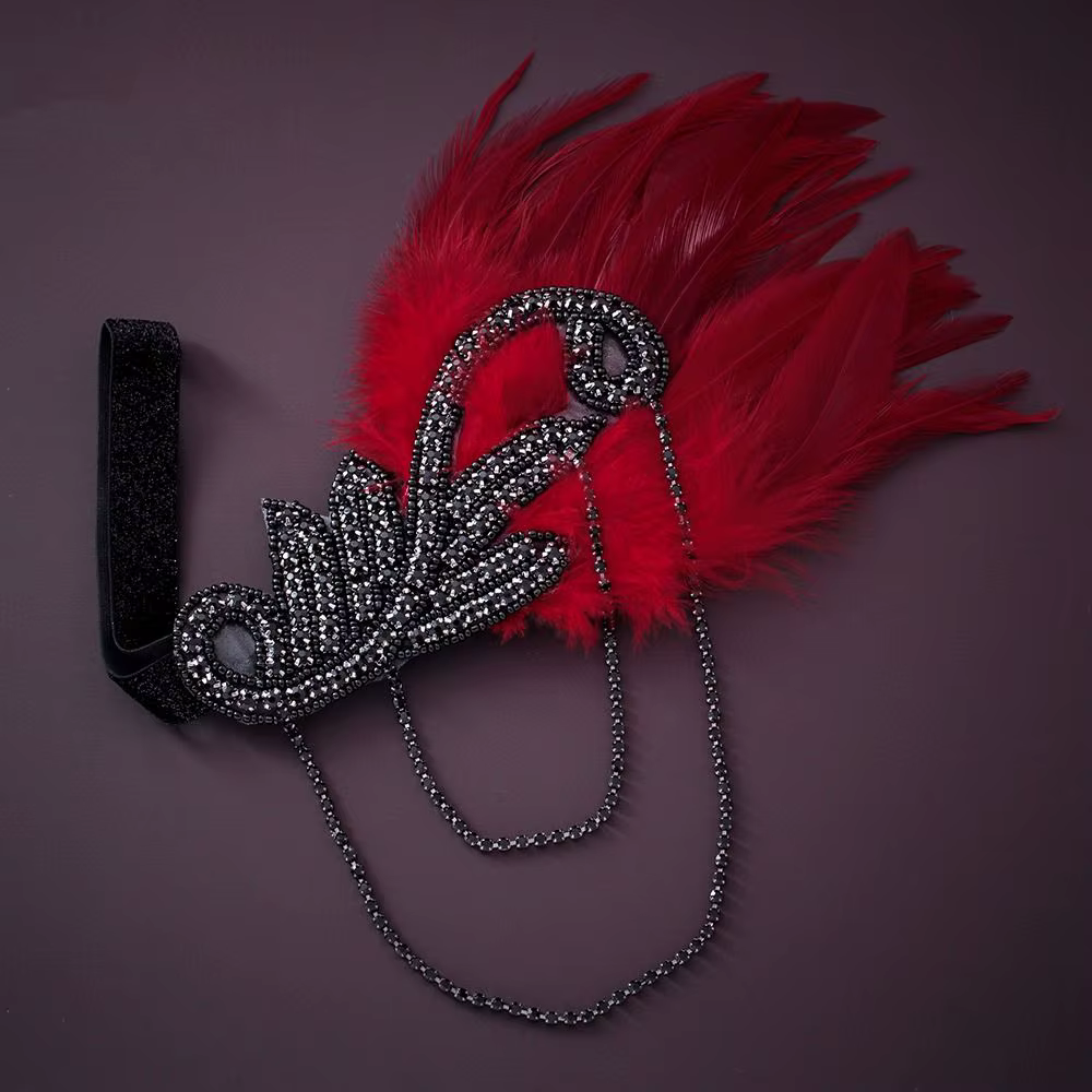 Robe de Cosplay Gatsby en chaîne, couvre-chef en plumes, accessoires de fête de mascarade, bandeau de Style coréen, cheveux à paillettes