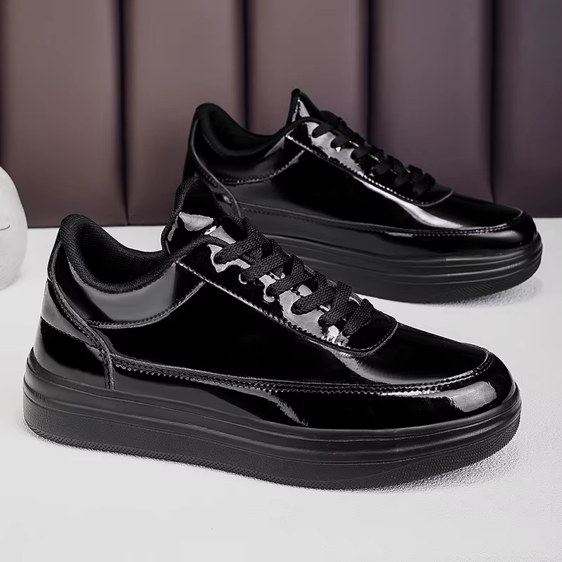 Cuir verni noir hommes baskets mode décontracté plate-forme chaussures
