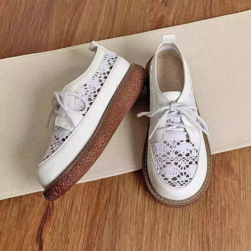 Beige été respirant style maille mocassins femme décontracté à lacets appartements 3 cm d'épaisseur bas découpes tricot chaussures rondes