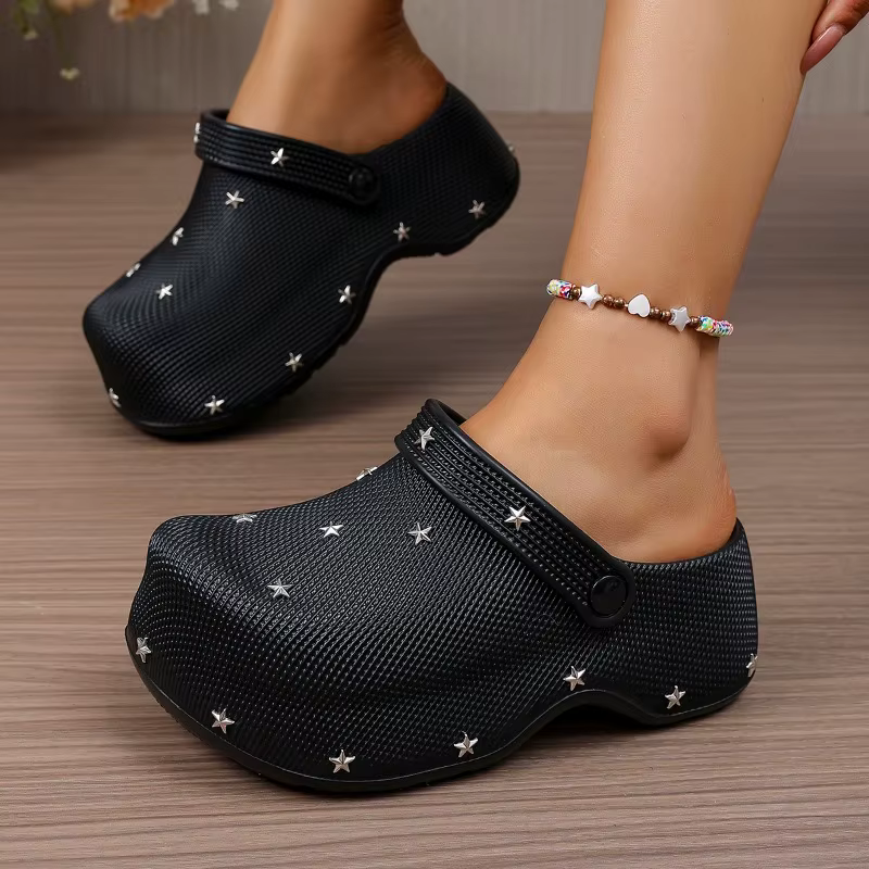 Sandales Sabots Plateforme Chunky Y2K Étoile Métallique Femme Été 2026 – Chaussures de Jardin à Semelle Épaisse et