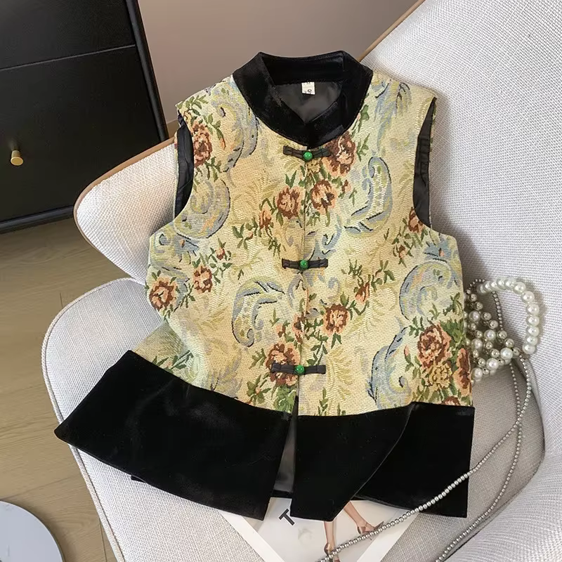 Style chinois hauts femmes Satin broder fleur Hanfu veste nouvelle dame vêtements d'extérieur décontractés Vintage boutonné Cheongsam gilet