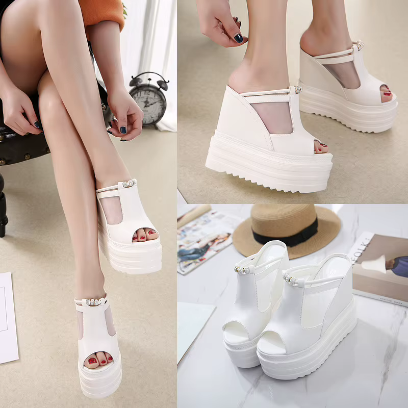 2025 diapositives compensées femmes sandales 14 cm Super chaussures à talons hauts dames semelles épaisses plate-forme Sexy maille bouche femme pantoufles d'été