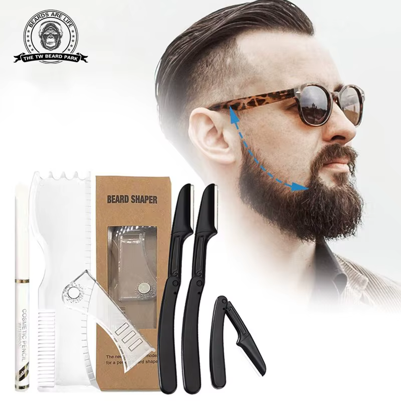 Kit de modelage de barbe – Outil complet de mise en forme et de coiffage – Shaper réglable, rasoirs, crayon de barbier, modèle de guide de pochoir à barbe