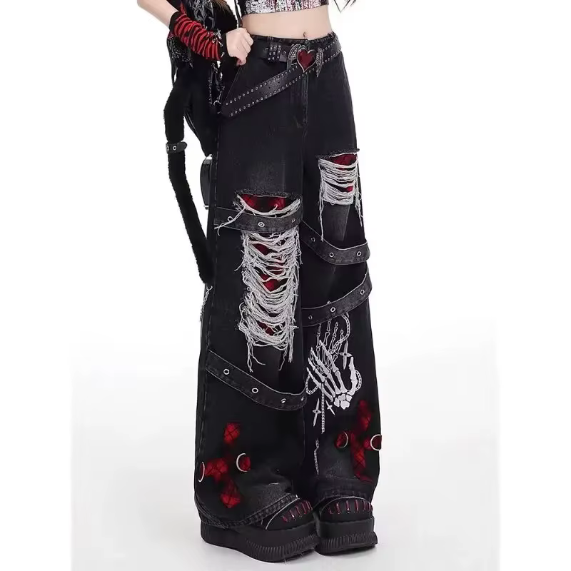 Pantalon en jean décontracté et ample pour femme, style américain, tendance punk rétro, délavé, polyvalent et décontracté