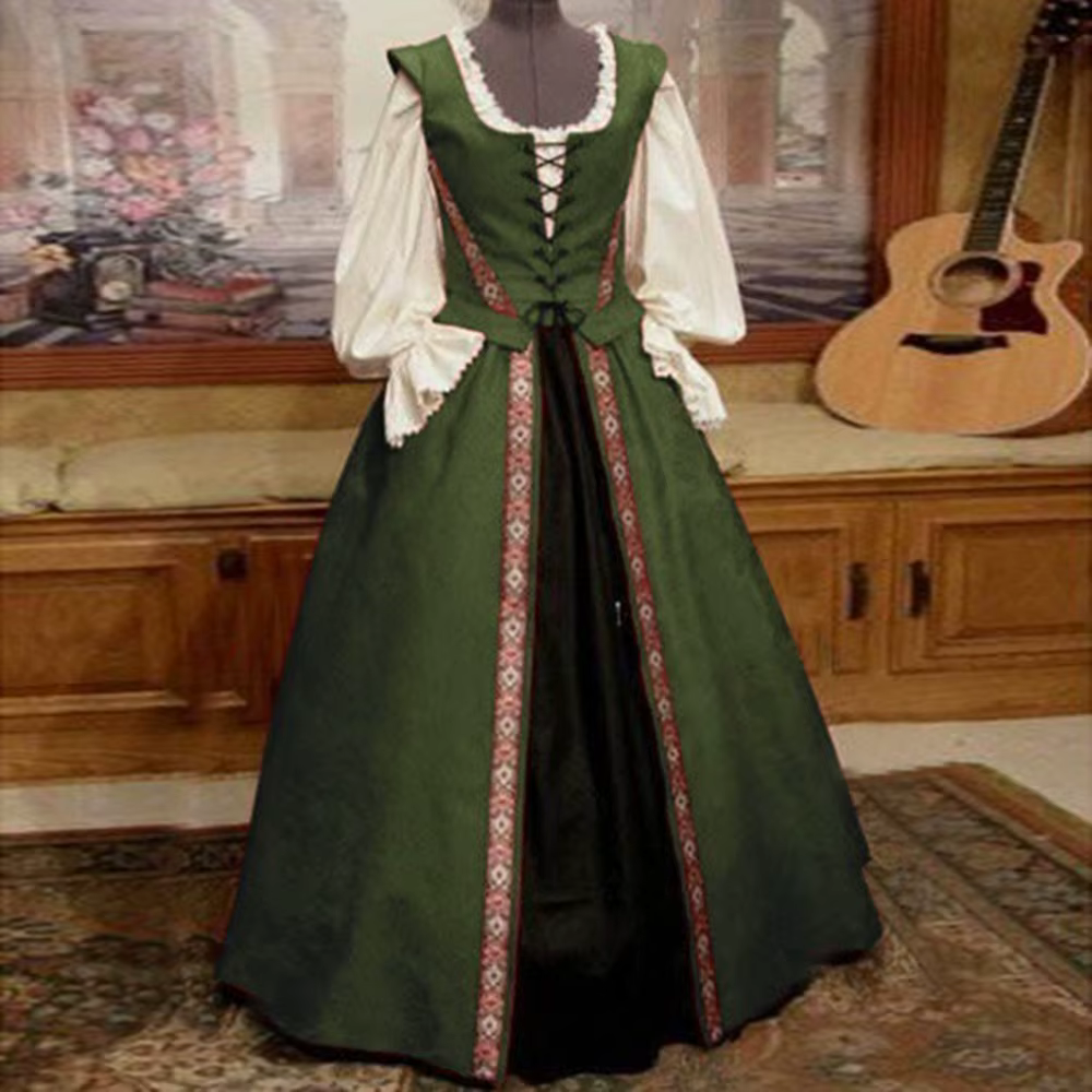 Ensemble robe deux pièces pour femme, style Renaissance médiévale, col carré, taille cintrée et jupe ample, robe vintage