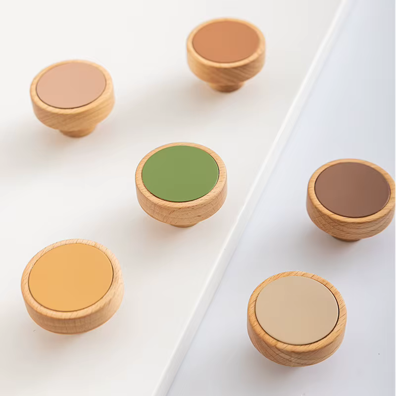 Poignée en bois massif de style japonais Wabi-Sabi avec couche supérieure en bois naturel et texture en cuir de vachette pour portes et tiroirs de meubles