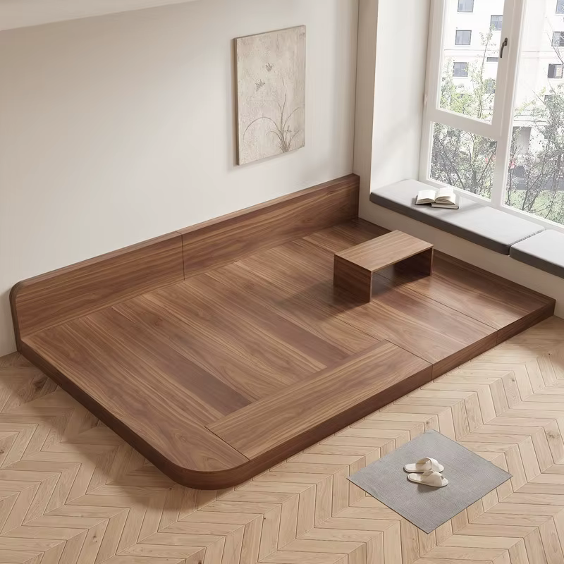 Lit king-size de style japonais, lit bas tatami, lit double avec sommier intégré, lit bas au sol personnalisable en bois massif