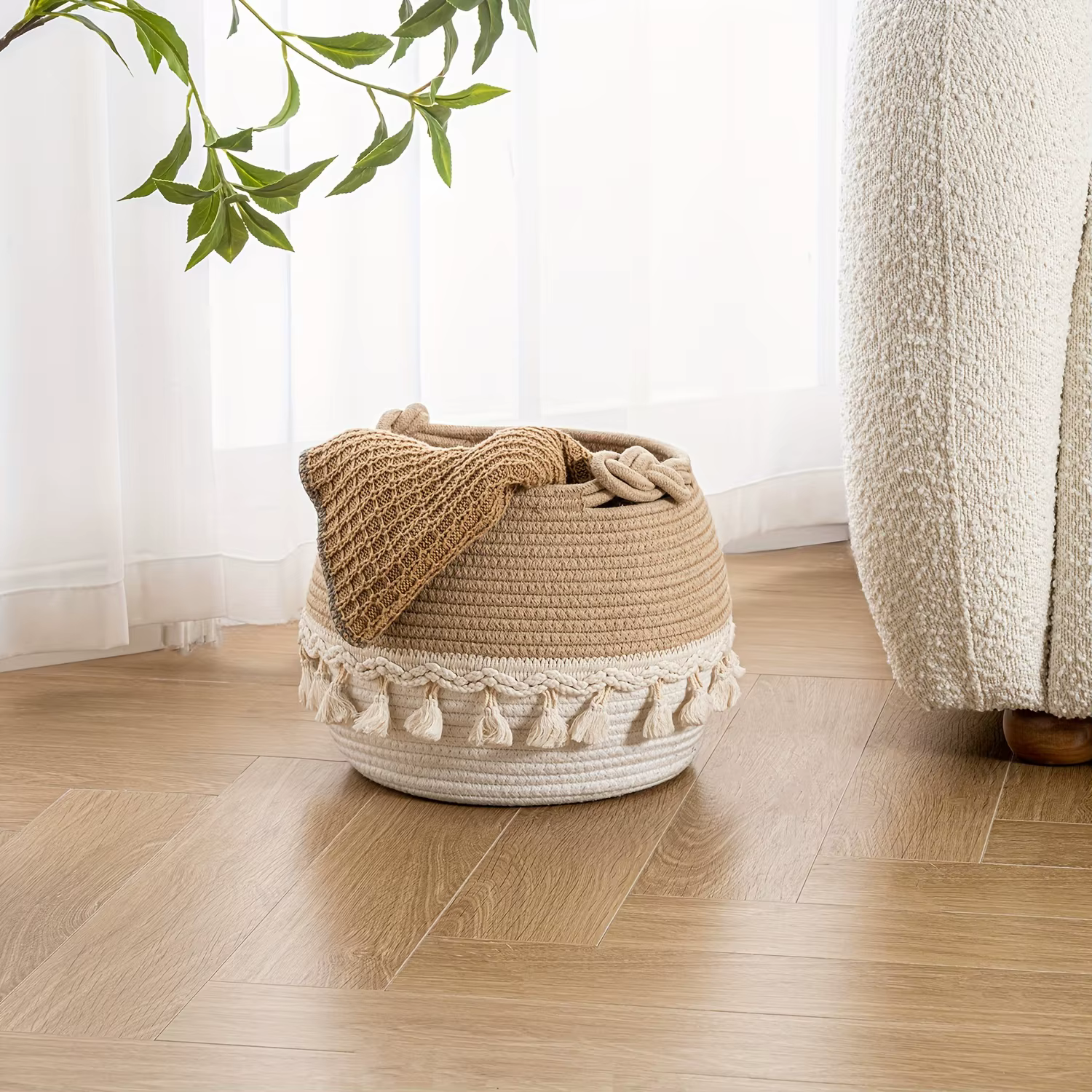 Panier de rangement en corde de coton bohème avec pompon, paniers tissés pour l'organisation, panier organisateur, panier à linge pour vêtements, jouets