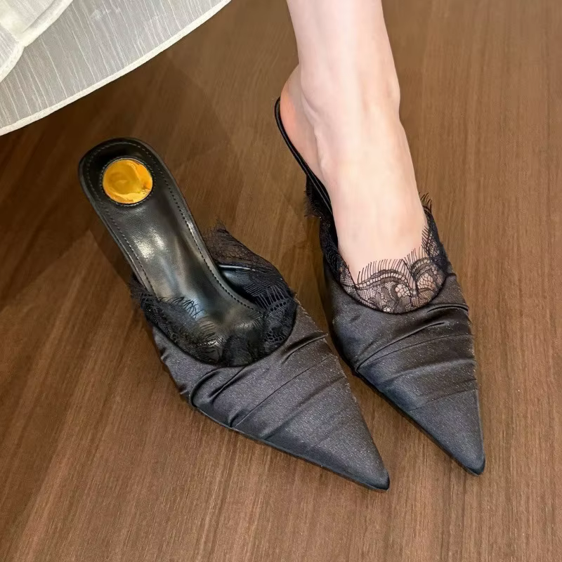 Mode femmes pantoufle élégante dentelle Baotou Mule chaussure Style français pointe pointue chaussures décontractées