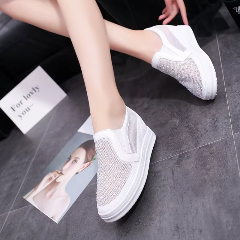 Plate-forme baskets à semelles compensées chaussures en cuir véritable Bling