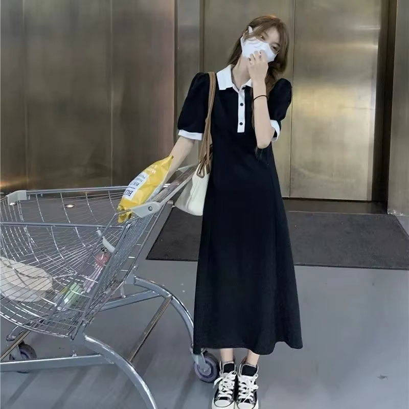 Robe à col Polo pour femmes, couleur bloquée, nouveau tempérament, Style mi-long, taille amincissante, manches courtes, jupe trapèze, été 2025