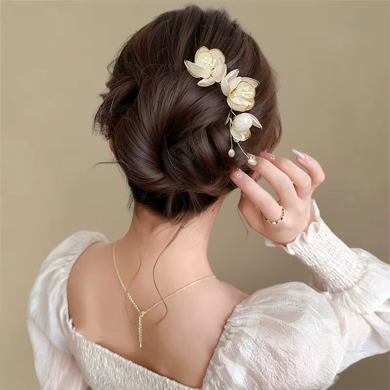 Peigne à cheveux floral de mariée élégant pour femme, avec perles de lotus, barrette en alliage