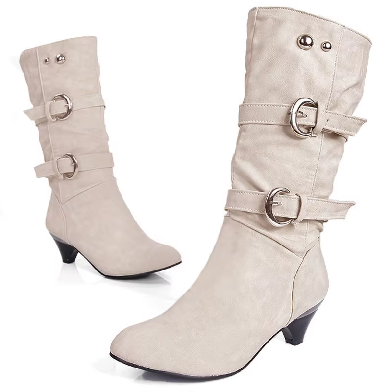 2025 nouvelle mode femmes bottes à talons épais décontracté bout rond femme chaussures automne hiver mi-mollet