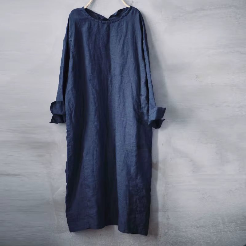Robe décontractée oversize pour femme, nouvelle collection printemps 2026, style vintage, col rond, manches longues, faite main, coupe ample, en ramie délavée, style défilé