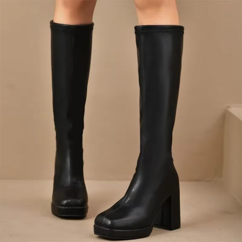 Plate-forme épaisse bottes en cuir Pu noir femme 2025 genou haute grande taille 42 talons hauts