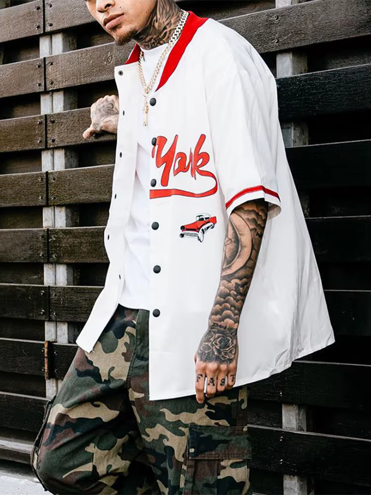 Chemise surdimensionnée Hip Hop pour hommes, imprimé graphique, manches courtes, haut ample, Streetwear, Style Y2K, col montant, chemises boutonnées