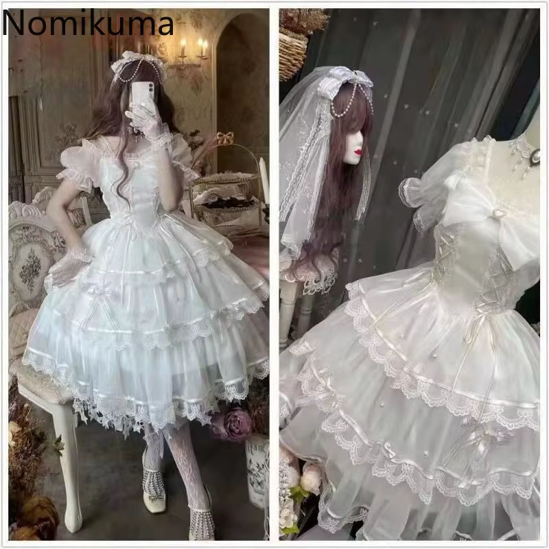 Robe blanche mignonne De Style Lolita pour femmes, tunique à manches bouffantes et col Slash, robes d'été douces avec nœud en dentelle, 2025