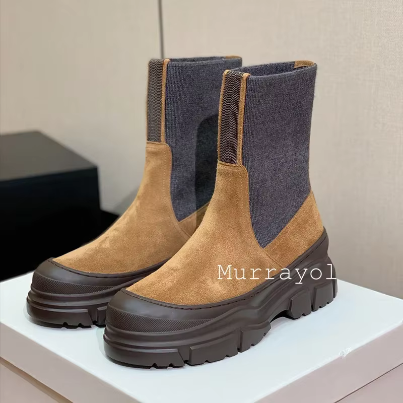 Enfant daim bande élastique Patchwork cheville Botas femmes bout rond Lacer-up plat fond épais bottes courtes automne