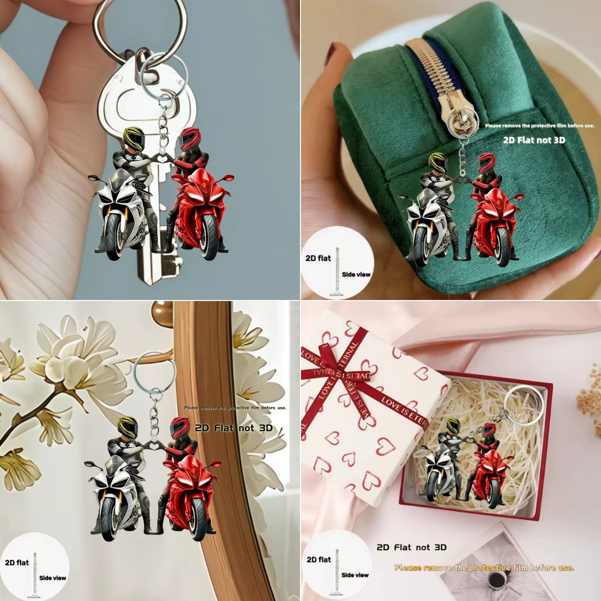 Porte-clés 2D cool pour couple, pendentif en acrylique pour passionnés de moto, accessoire décoratif plat à suspendre pour voiture, sac à dos, cadeau d'anniversaire