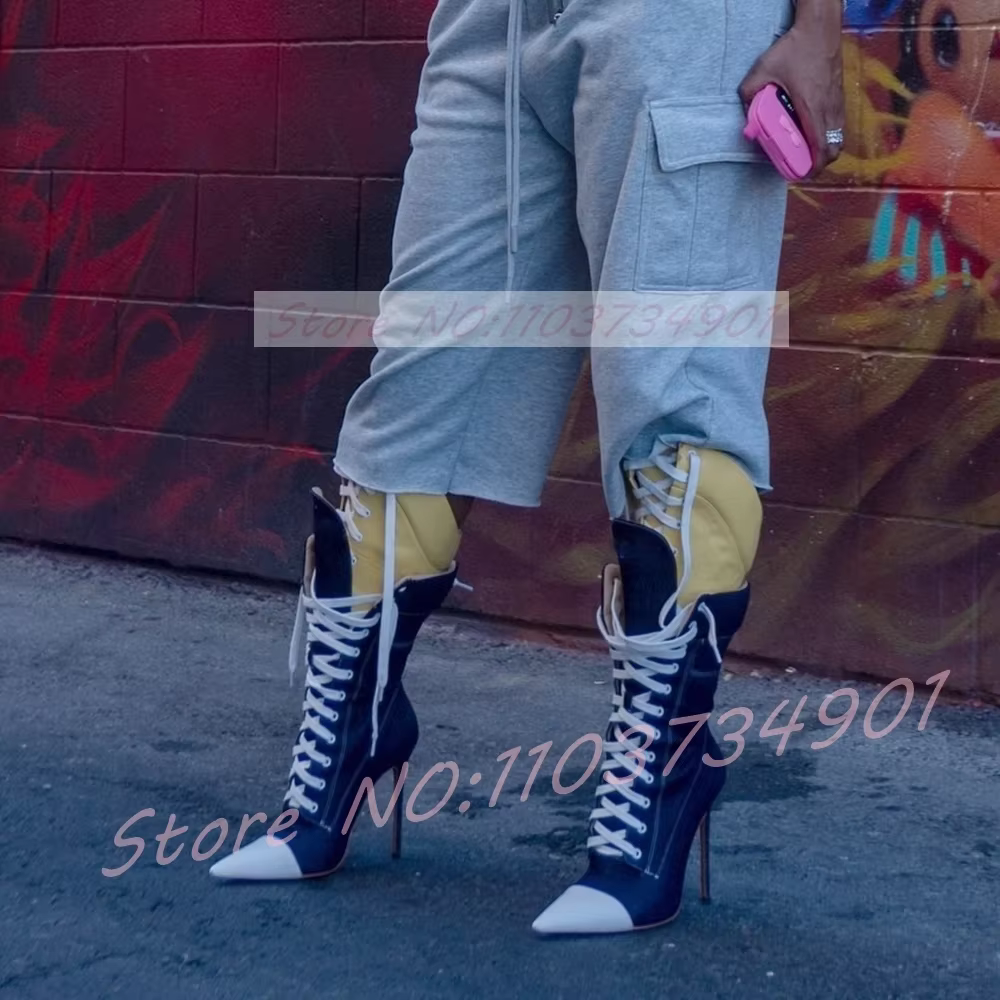 Bottes mi-hautes color-block jaune et bleu marine pour femme