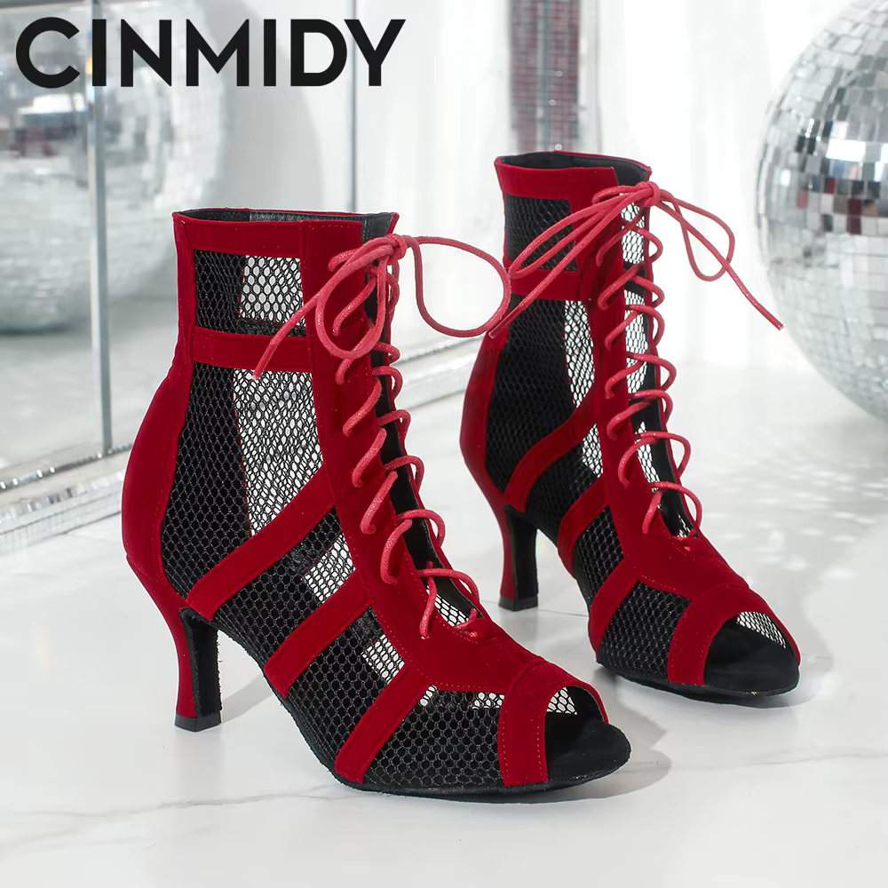 Chaussures de danse latine montantes rouges pour femmes, bottes de danse Jazz à pôle de salle de bal, semelles souples pour dames, Tango/Salsa, talons hauts en maille