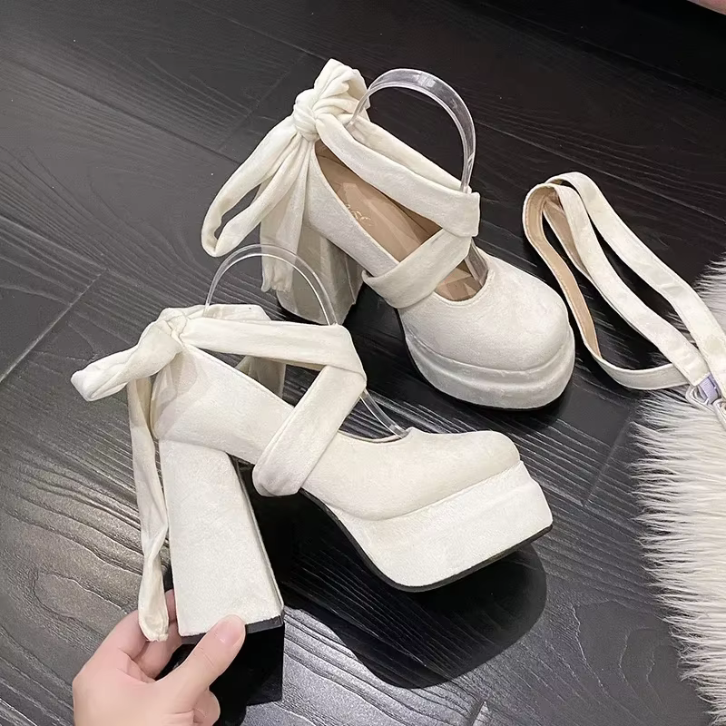 Plate-forme Mary Janes chaussures femmes daim luxe talon haut à lacets tendance Lolita