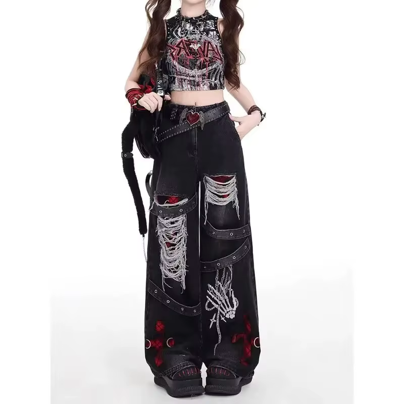 Pantalon en jean décontracté et ample pour femme, style américain, tendance punk rétro, délavé, polyvalent et décontracté