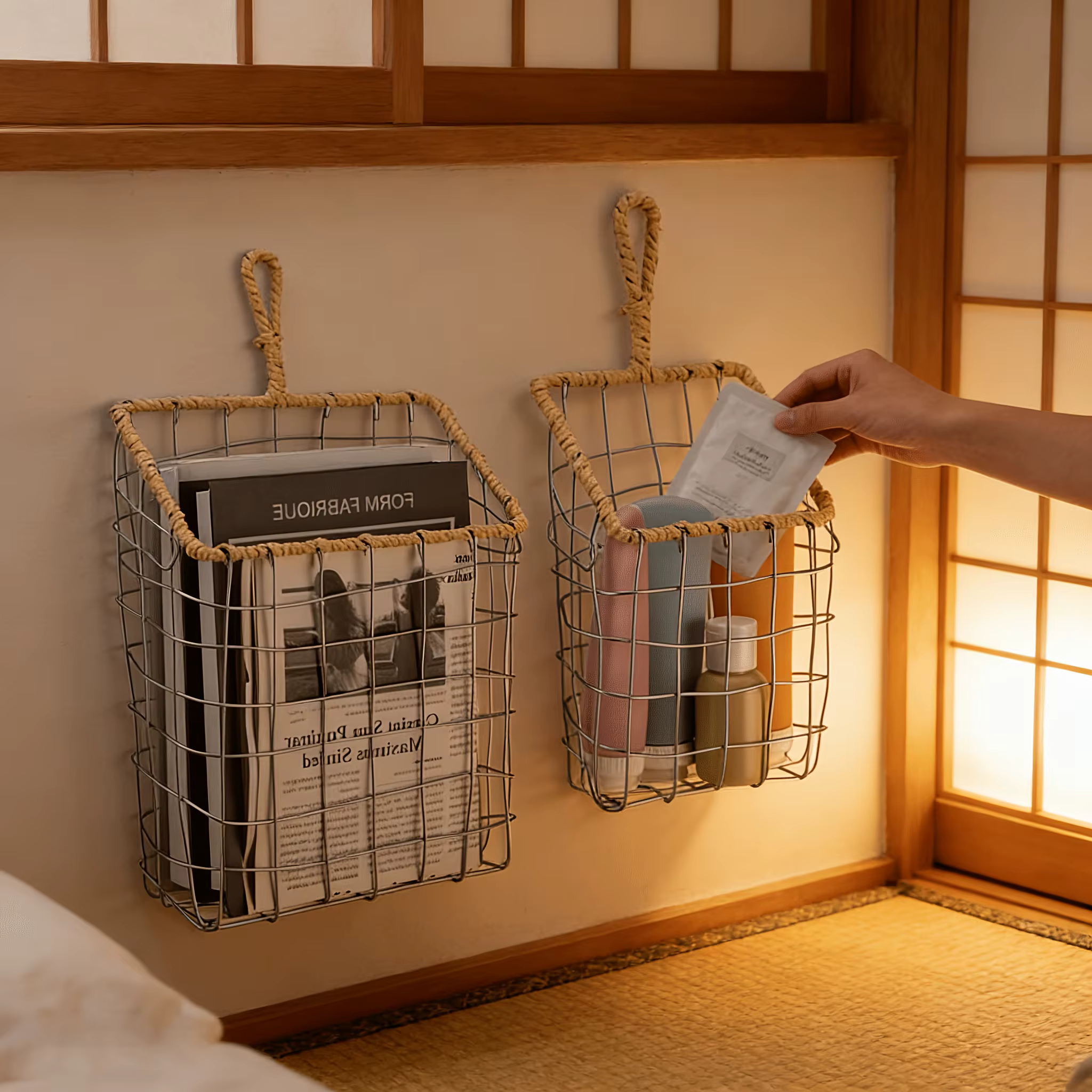 Panier de rangement suspendu en fil tressé de style japonais pour chambre à coucher, étagère murale en fer pour salon, panier de rangement pour ustensiles de cuisine