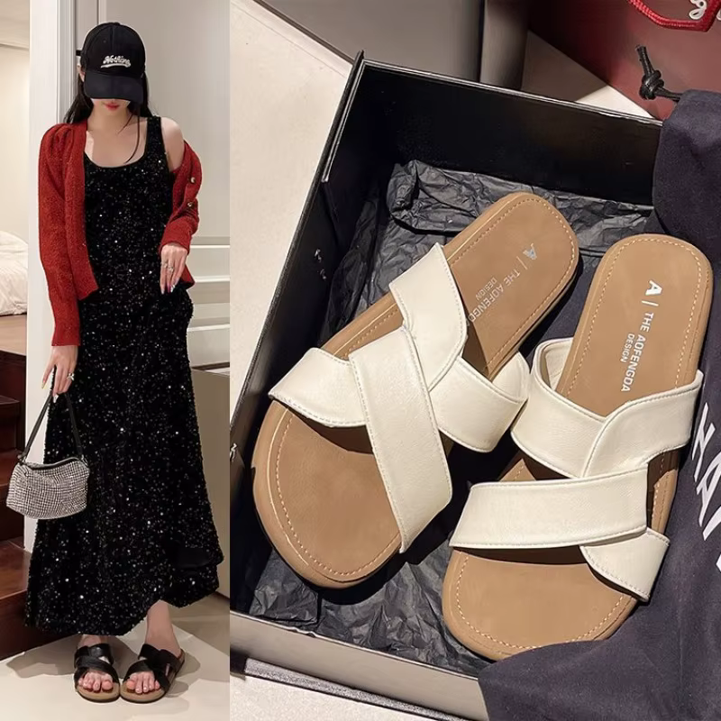 Chaussures plates pour femmes pieds nus à l'extérieur Besch femme Pu pantoufles à ceinture croisée