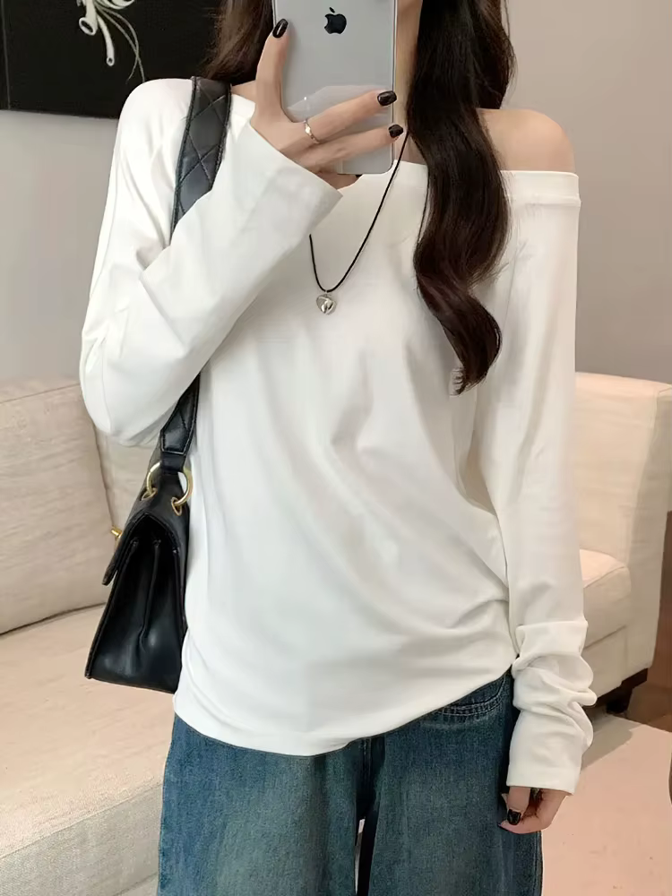 T-shirt oversize à épaules dénudées et manches longues pour femme, couleur unie, hauts décontractés, t-shirts basiques pour femme, style coréen, chemisiers jeunesse printemps automne