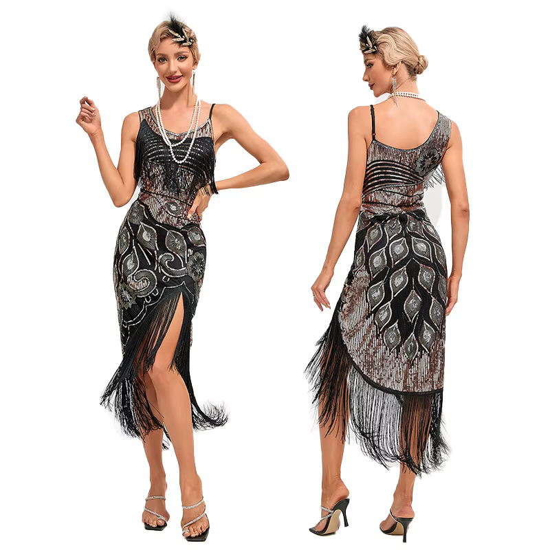 Robe de cocktail style Gatsby des années 1920 avec franges et paillettes, tenue de bal Charleston rétro à pompons motif paon, vêtements des années vingt.