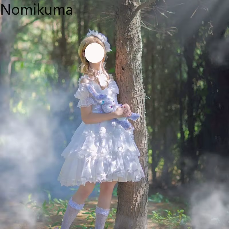 Robe blanche mignonne De Style Lolita pour femmes, tunique à manches bouffantes et col Slash, robes d'été douces avec nœud en dentelle, 2025