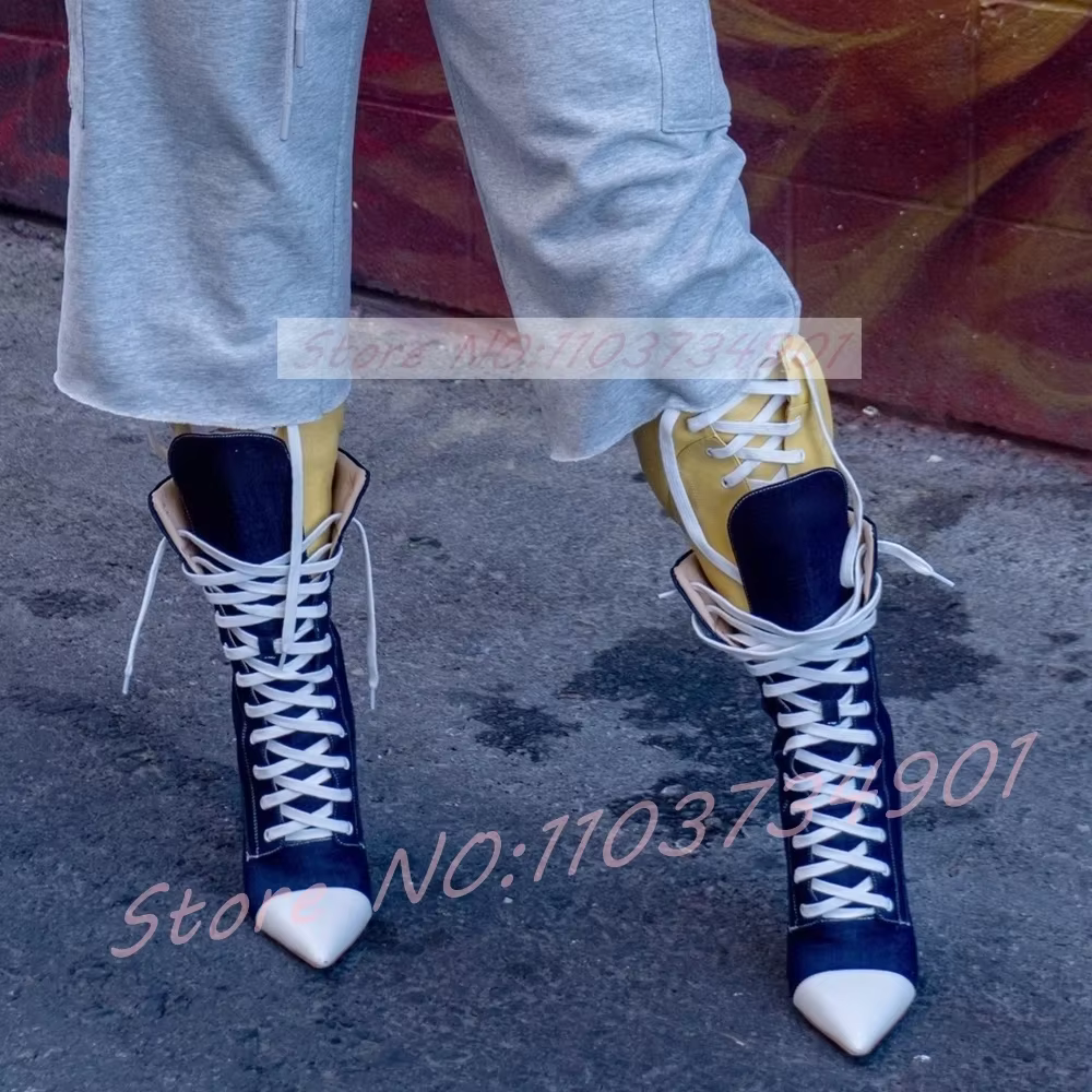 Bottes mi-hautes color-block jaune et bleu marine pour femme